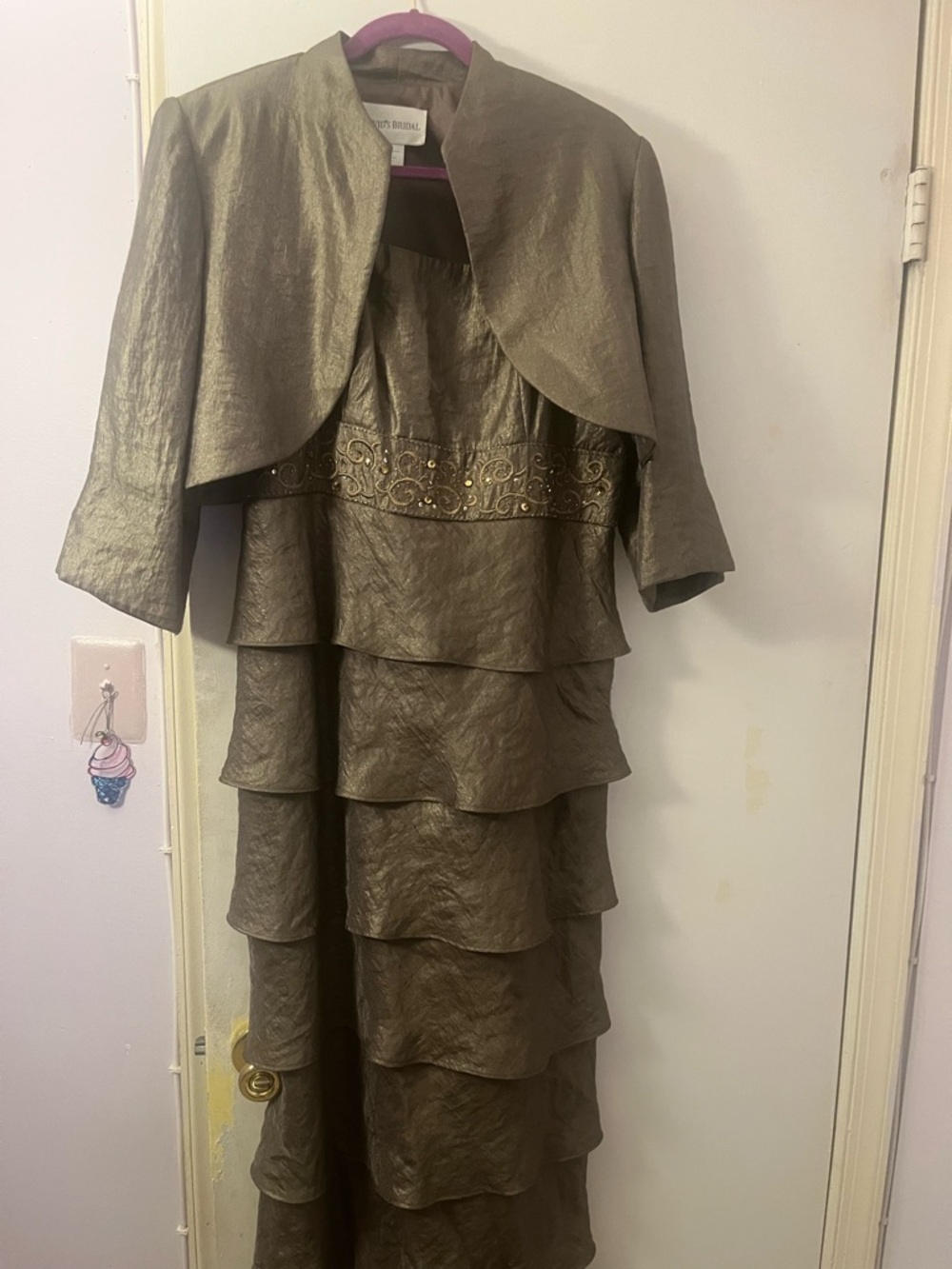 Elegant Metallic Bronze Layered  Dress with Bolero Jacket